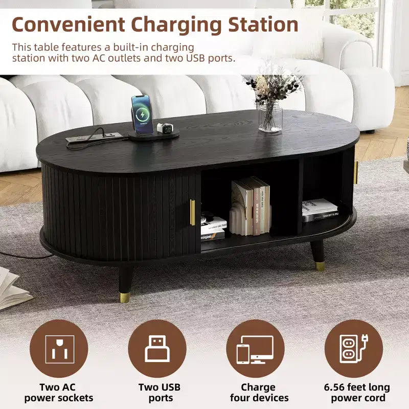 CLIHOME TV-Schrank und Couchtisch-Set aus Holz im Landhausstil mit Ladestation, ovale geriffelte Medienkonsole für Fernseher bis zu 80