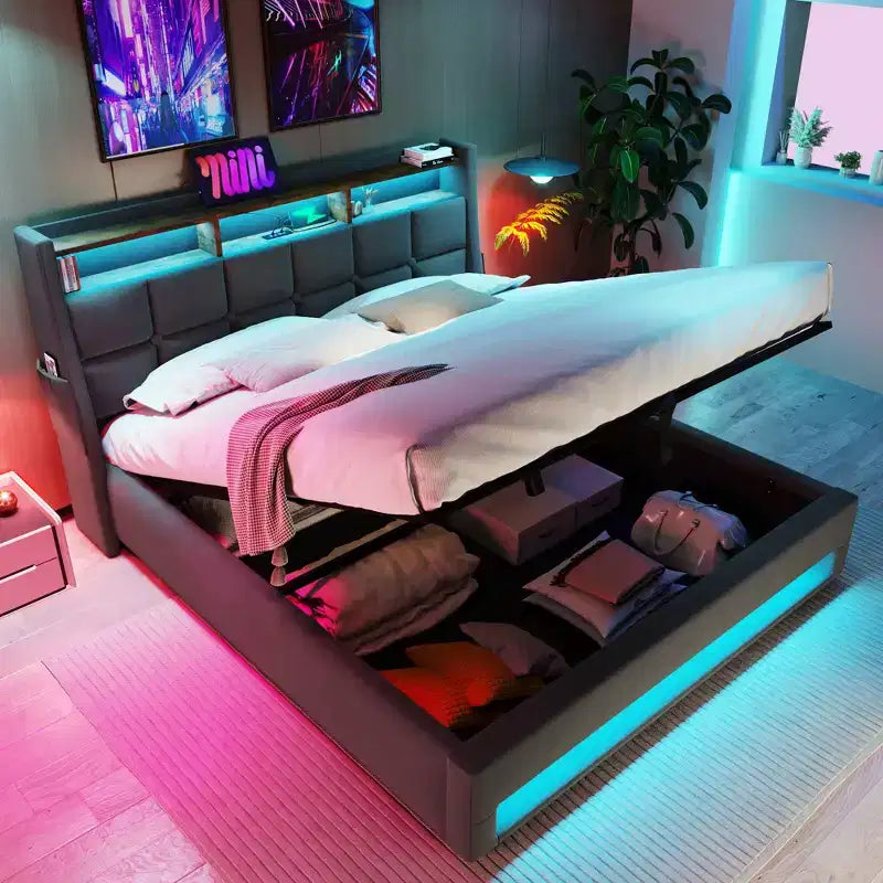 Lit deux places avec rangement hydraulique, LED et USB, tête de lit rembourrée, sans sommier tapissier, montage facile