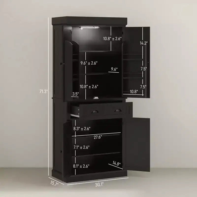 71 Kitchen Pantry Cabinet with LED Lights, 6 Door Shelves, a Drawer and 4 Adjustable Shelves