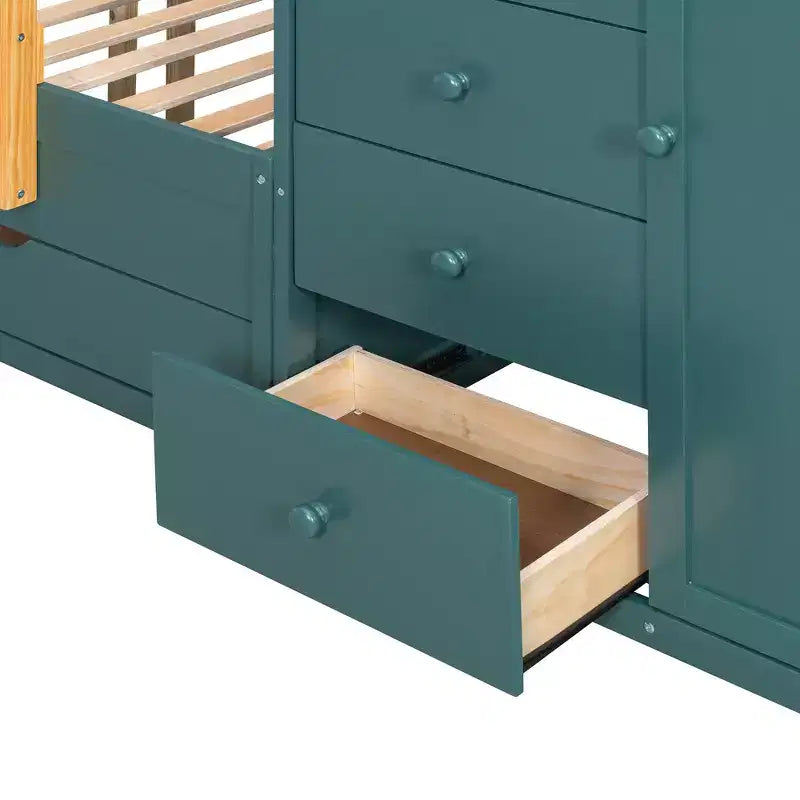 Full over Full Bunk Bed with Storage Wardrobe and Drawers, Full Size Wood Space-Saving Bunk Bed with Guardrail for Apartment, Bedroom