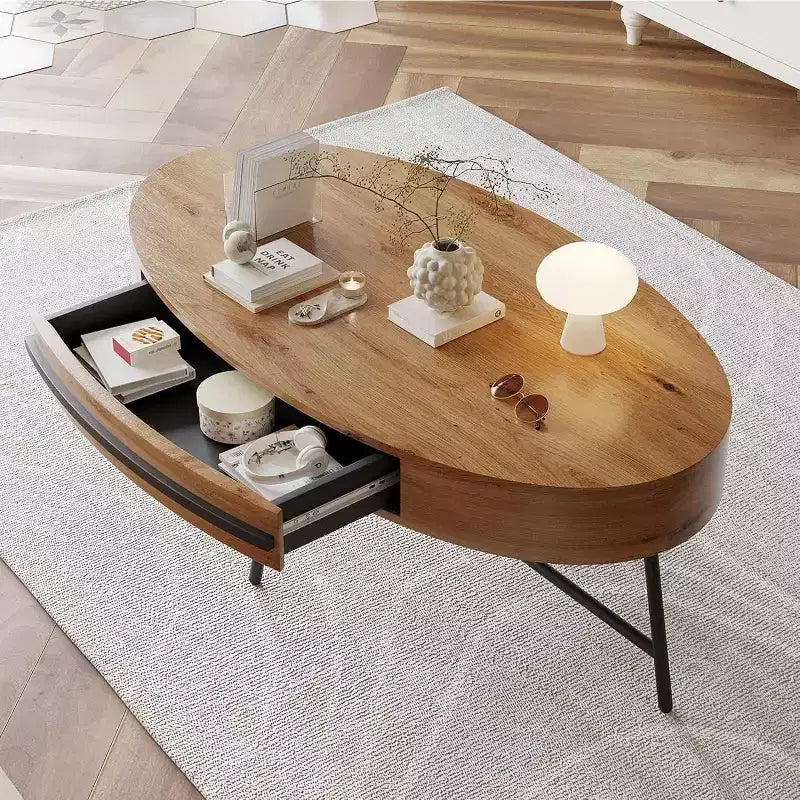 Tavolino da caffè ovale Acekool con cassetto, tavolo contenitore in legno da 47.2 con gambe incrociate in metallo, tavolino centrale moderno di metà secolo in finitura naturale e salice dorato