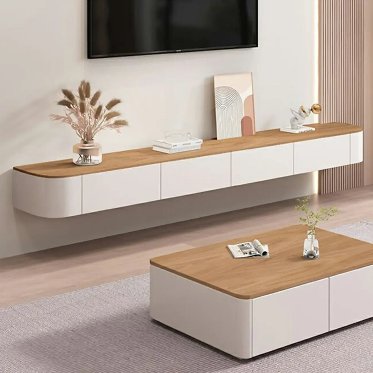 Meuble TV suspendu contemporain, long et blanc, en bois, avec tiroirs