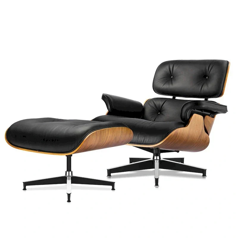 Fauteuil d’appoint et pouf Furgle en cuir véritable, bois de noyer