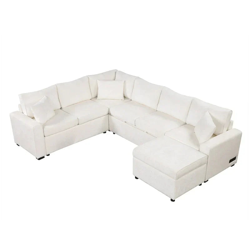 Chenille Sectional Sofa Pull-out Sofa Bed, L-Shape Sleeper Sofa with Storage Ottoman, 3 Pillows and Charging Devices