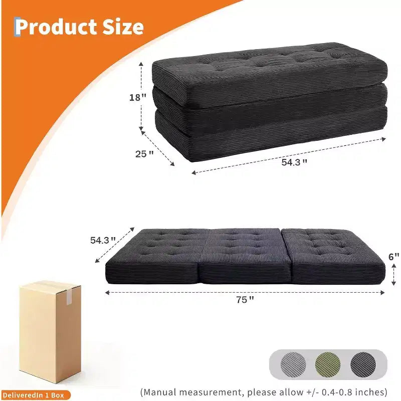 SunnyFurn 15,2 cm dreifach faltbares Matratzen-Sofa-Bett, 190,5 x 138 cm großes faltbares Schaumstoff-Gästebett mit Cordbezug und Knopfsteppung, tragbar für Camping, Wohnzimmer und Schlafzimmer
