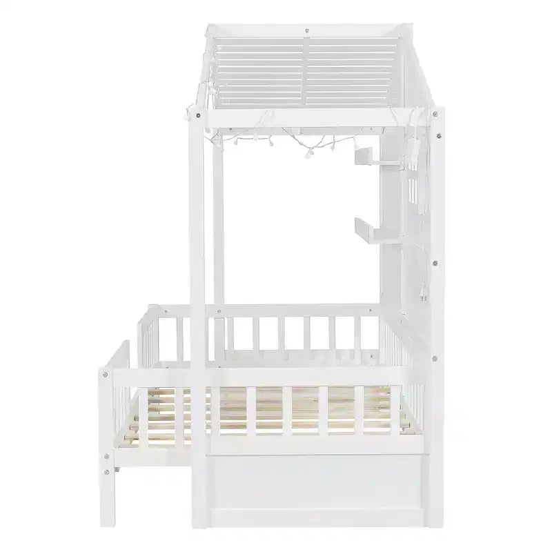 Twin Size House Bed with Storage Shelves and Rails, Wood Kids Montessori Bed Frame with Window and Sparkling Light Strip