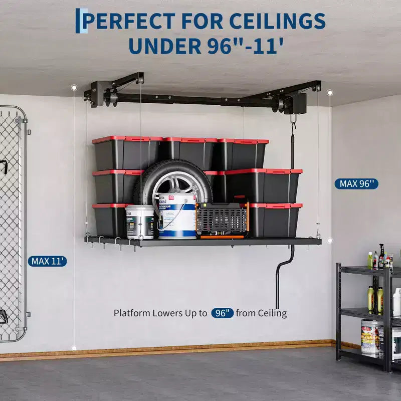 Scaffale regolabile per ripostiglio da garage per carichi pesanti, montato a soffitto con blocco di sicurezza, portata di 250 libbre per contenitori, attrezzi, biciclette e garage