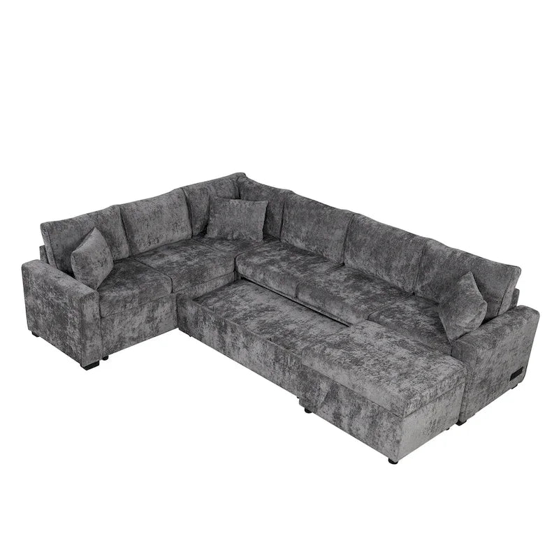 Chenille Sectional Sofa Pull-out Sofa Bed, L-Shape Sleeper Sofa with Storage Ottoman, 3 Pillows and Charging Devices