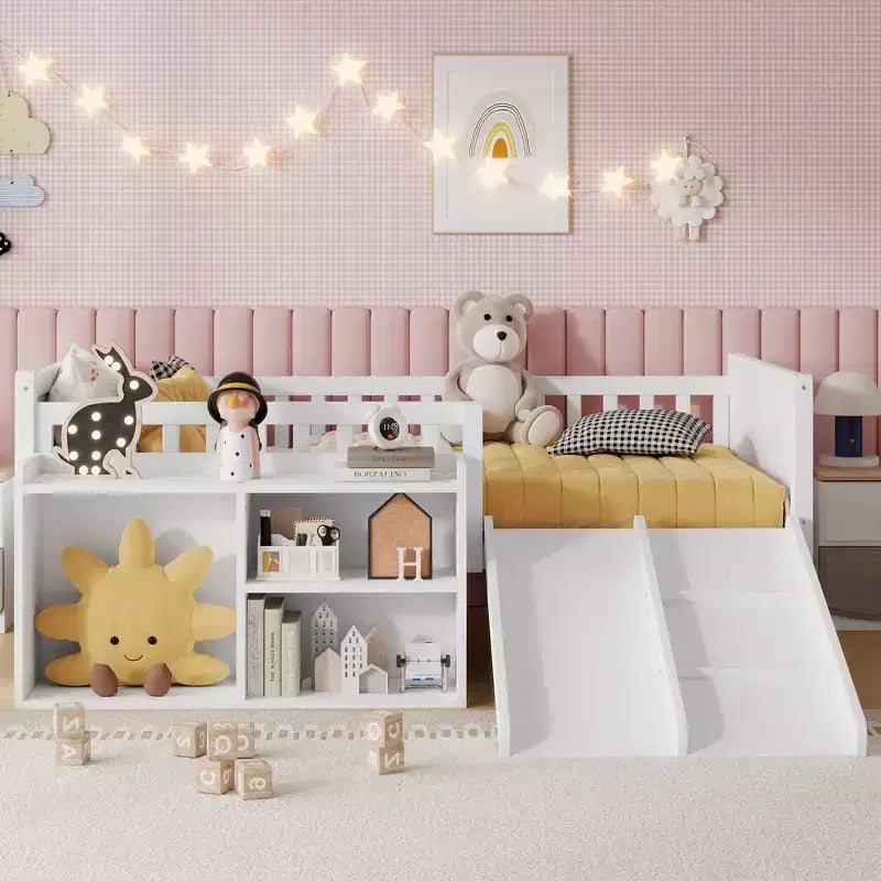 Whisen Twin Size Low Loft Bed Frame for Kids with Slide, Movable Bookshelf Storage, Guardrails, Low Loft Bed Frame
