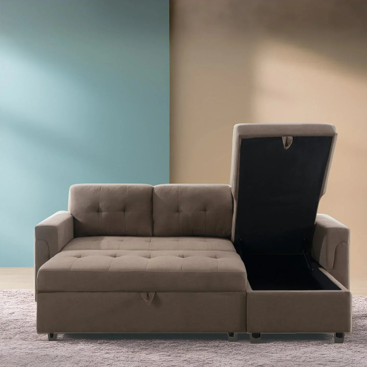 Divano componibile reversibile trasformabile con letto estraibile, chaise longue con contenitore nascosto e gambe resistenti