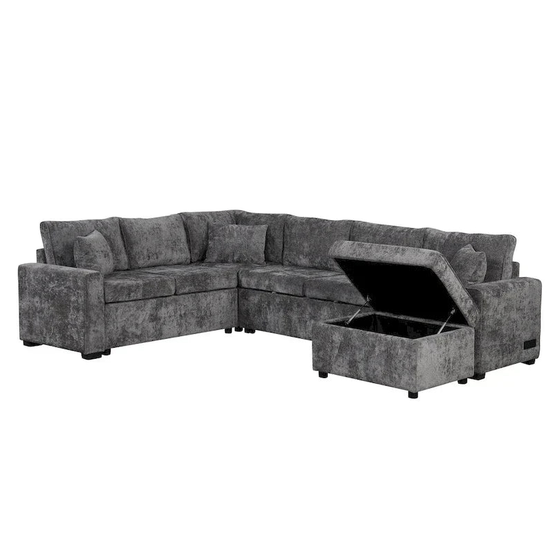 Chenille Sectional Sofa Pull-out Sofa Bed, L-Shape Sleeper Sofa with Storage Ottoman, 3 Pillows and Charging Devices