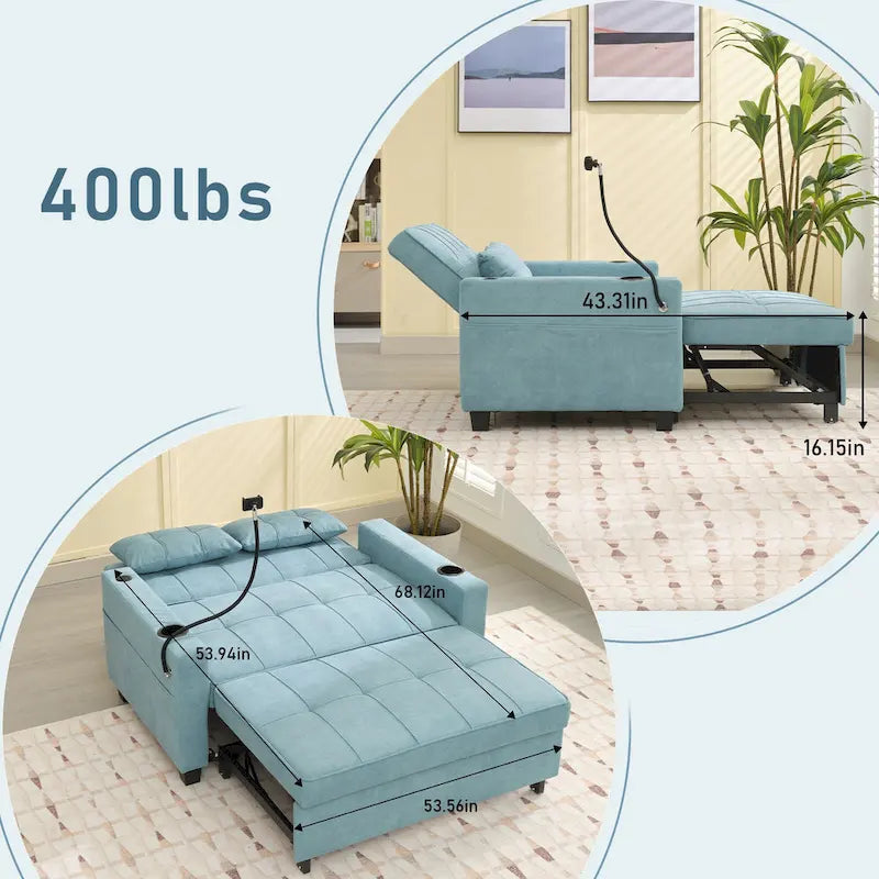 3-in-1 Pull Out Convertible Sleeper Sofa Bed with USB Ports
