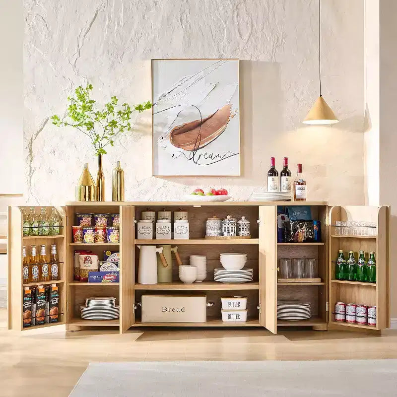 Kitchen Buffet Sideboard Cabinet with 4 Doors and Shelves, Modern Large Sideboard Buffet Storage Cabinet, 66 Coffee Bar Storage Cabinet