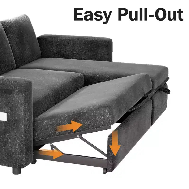 2-in-1-Ausziehsofa mit Stauraum und Ottomane, Chenille-Ecksofa mit USB-Anschlüssen für das Wohnzimmer