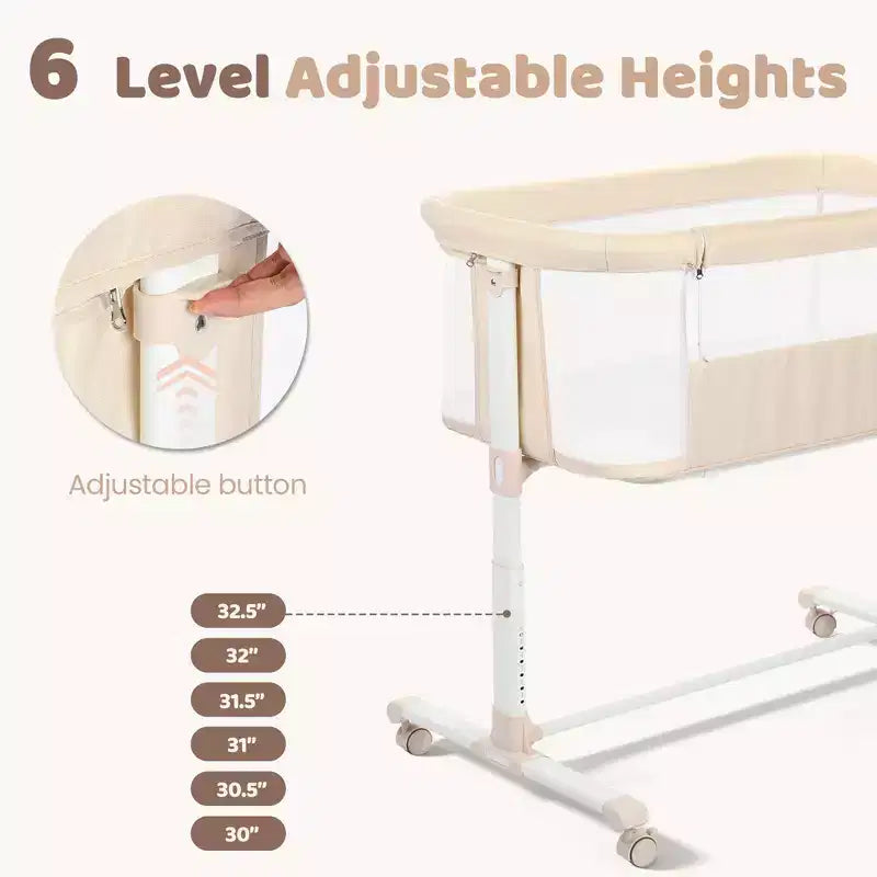 Babywiegje met wielen – beige / grijs / roze, wiegje naast het bed, voor 1 baby