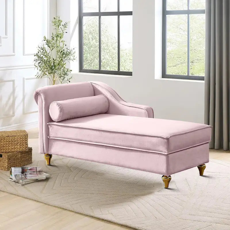 French Elegant Velvet Upholstered Storage Chaise Lounge Chair with a Pillow