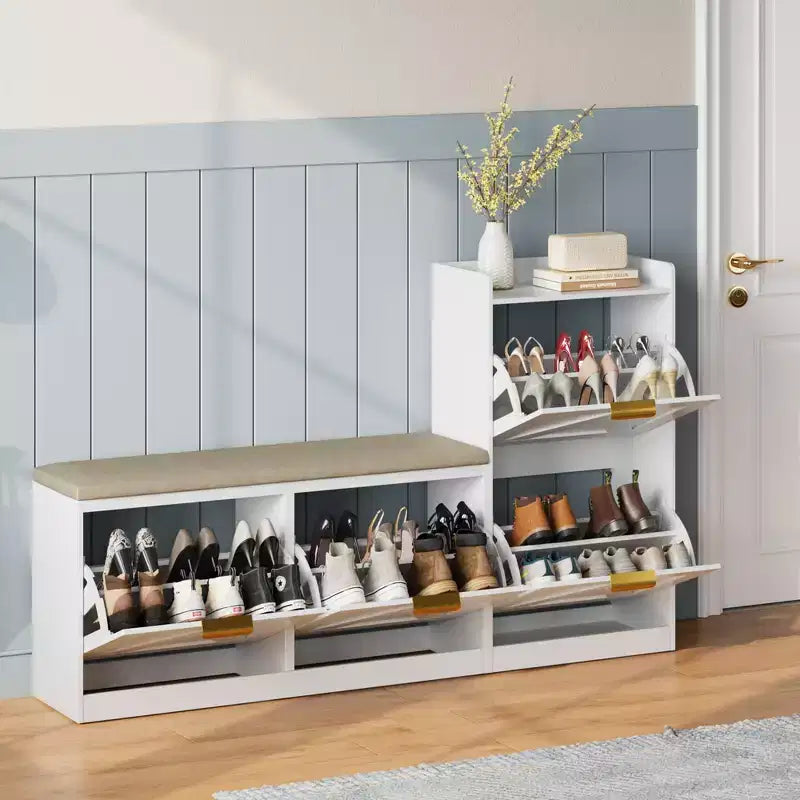 Farmhouse Shoe Cabinet with Bench, 4 Flip Drawers Entryway Shoe Storage Organizer with Comfort Cushioned Seat, Freestanding Shoe Rack Bench