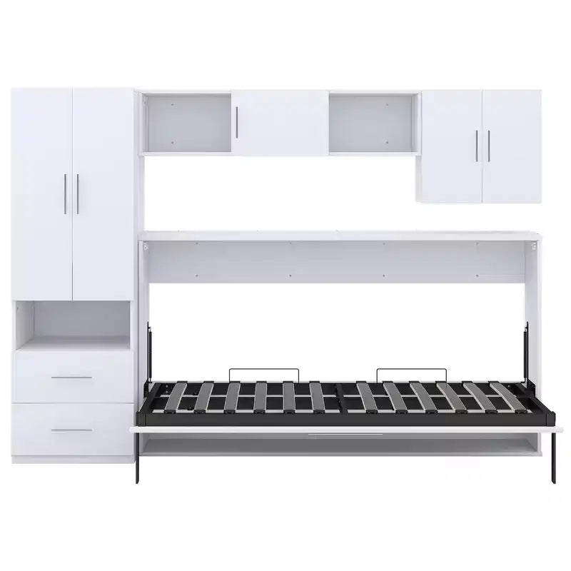 Lit escamotable mural une place, cadre en bois avec armoire intégrée, tiroirs de rangement et étagères ouvertes, blanc -ModernLuxe