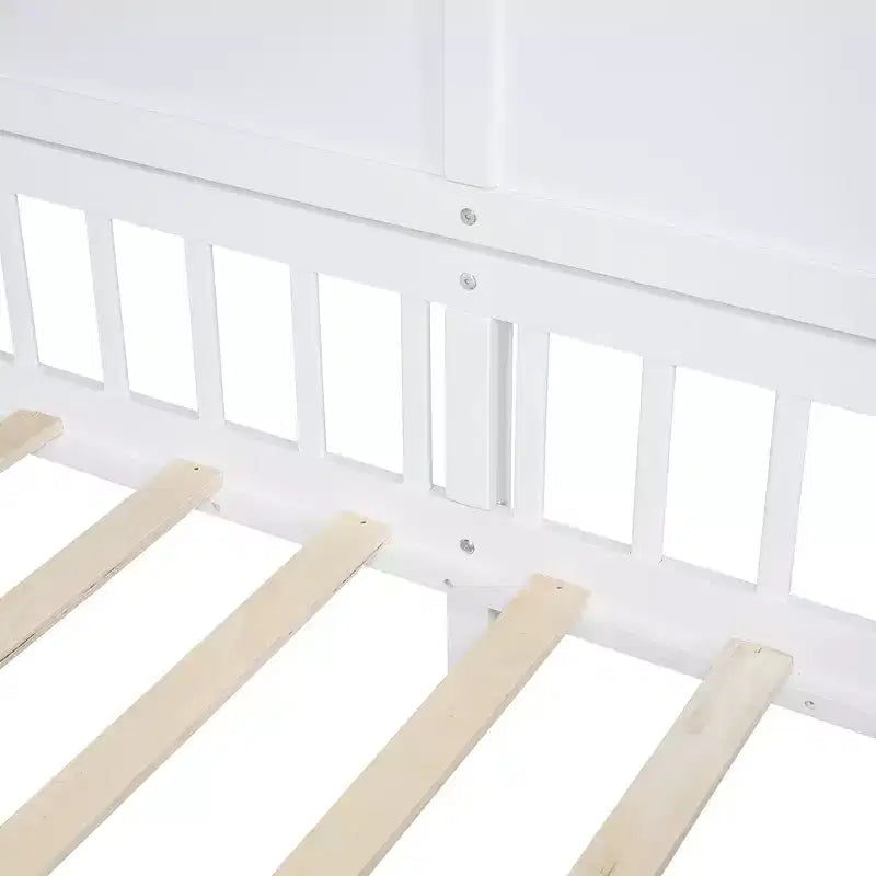 Twin Size House Bed with Storage Shelves and Rails, Wood Kids Montessori Bed Frame with Window and Sparkling Light Strip