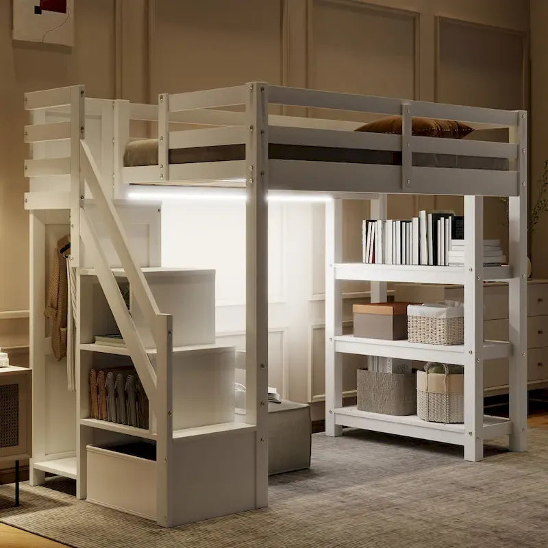 Hoch-/Etagenbett in Full-/Twin-Größe mit Stauraumtreppe – Regale, Kleiderschrank und LED-Beleuchtung, platzsparendes Design