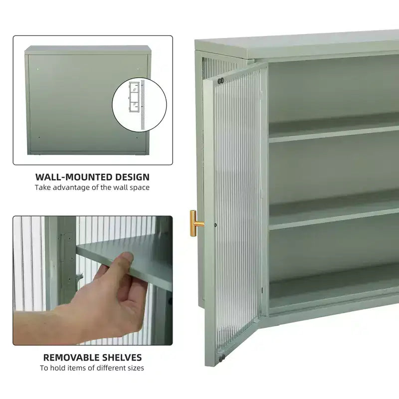 Armoire murale à double porte vitrée avec espace de rangement généreux, portes amovibles, étagères et coffre de rangement pratique pour les outils