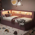 Daybed in Twin-/Full-Größe mit Ausziehbett und L-förmigem Bücherregal-Kopfteil, weiches Eckbett mit Leinenpolsterung, Ablagefächern und LED-Band