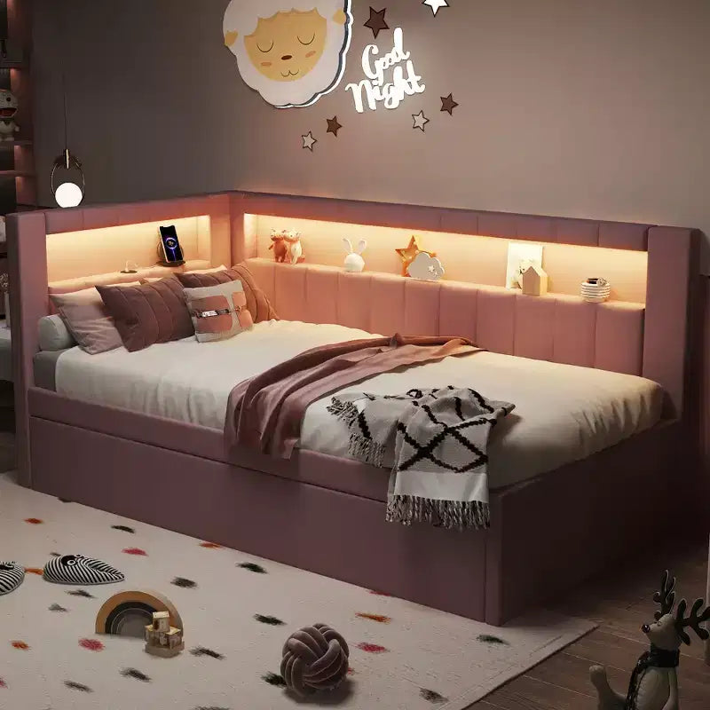 Daybed in Twin-/Full-Größe mit Ausziehbett und L-förmigem Bücherregal-Kopfteil, weiches Eckbett mit Leinenpolsterung, Ablagefächern und LED-Band