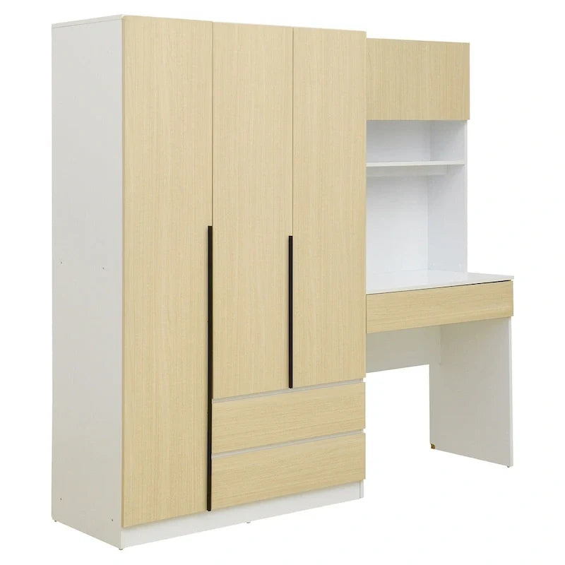 3-in-1 Wardrobe Closet with Vanity Desk, Desk Set, Bedroom Armoire with 2 Drawers 3-Door Storage Desk Wardrobe