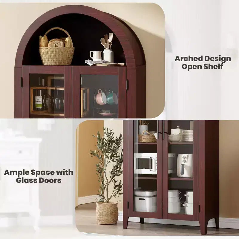 Mobiletto contenitore alto ad arco con ante in vetro, libreria espositiva a 5 ripiani con mensole regolabili per cucina o soggiorno