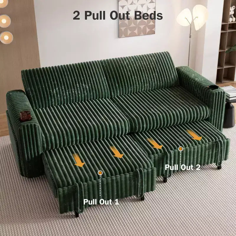 Dyonery 91-delige slaapbank met chaise longue en uitschuifbaar bed, verstelbare rugleuning/twee uitschuifbare bedden/USB-poorten/bekerhouders, zacht corduroy