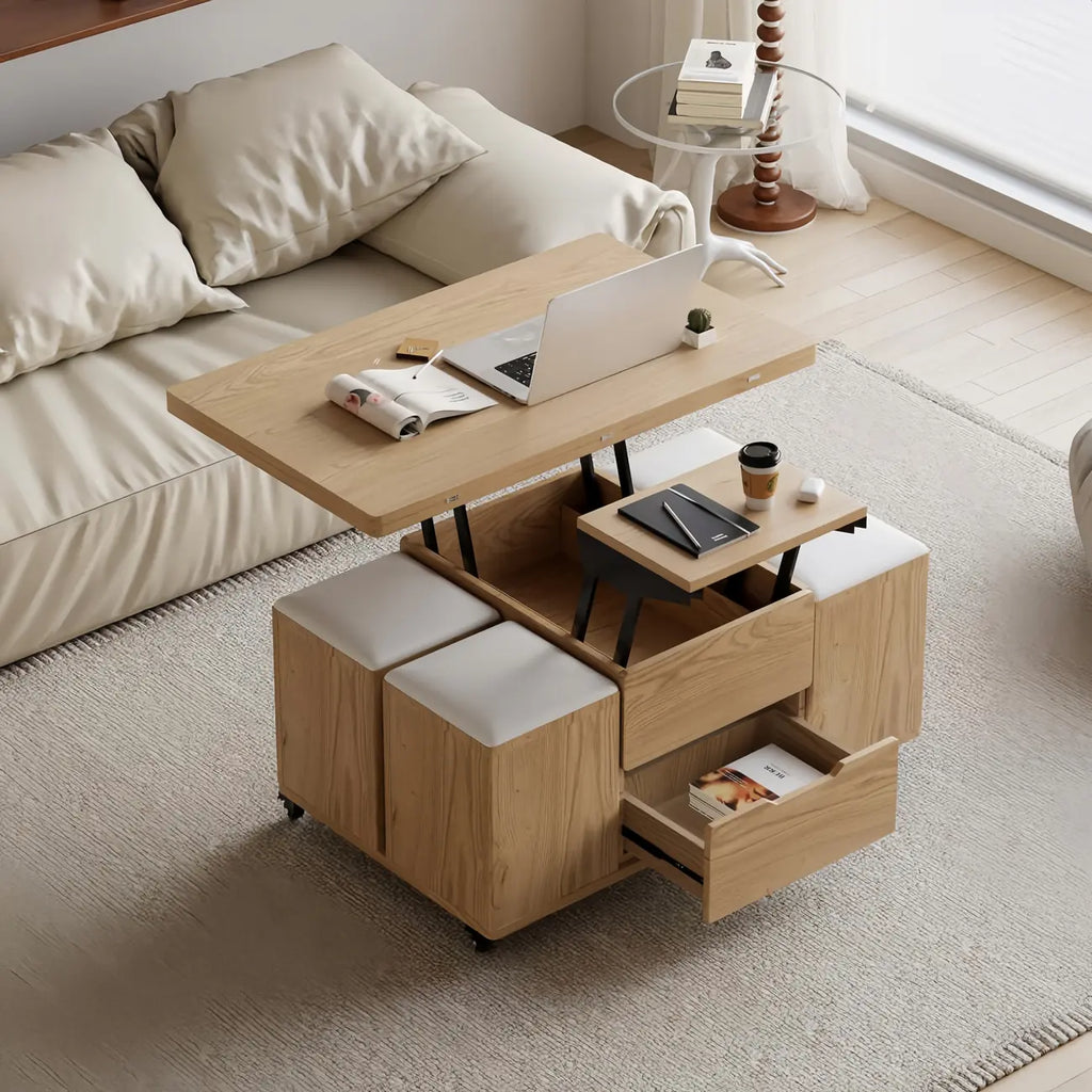 Klappbarer Couchtisch mit Hubfunktion, 4 Hockern und Stauraum