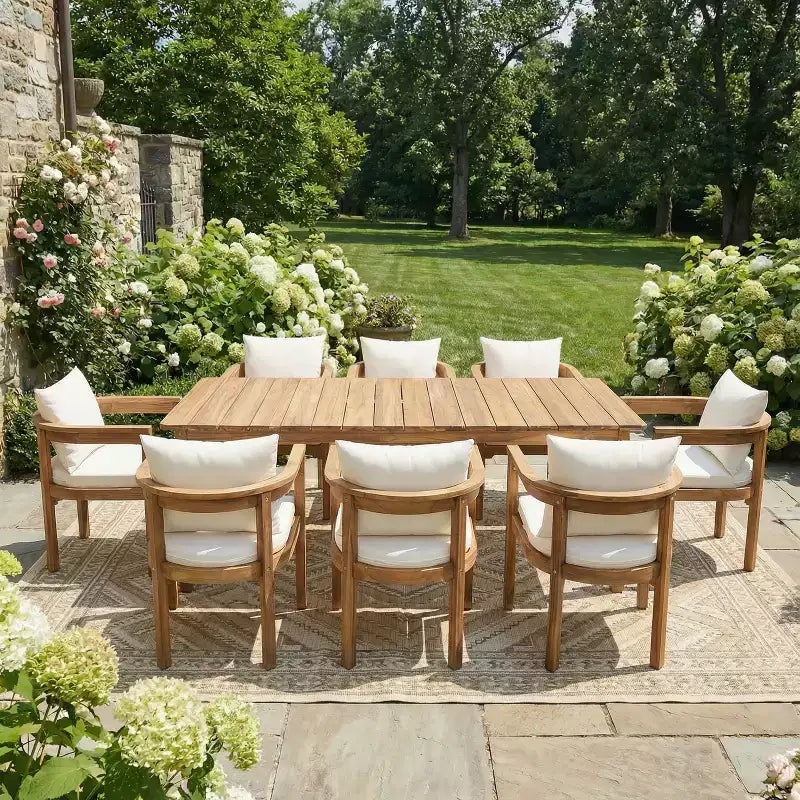 Christopher Knight Home Irene Rustic 9 Piece Outdoor Acacia Wood Dining Set with Curved Backrest Chairs and Cushions
