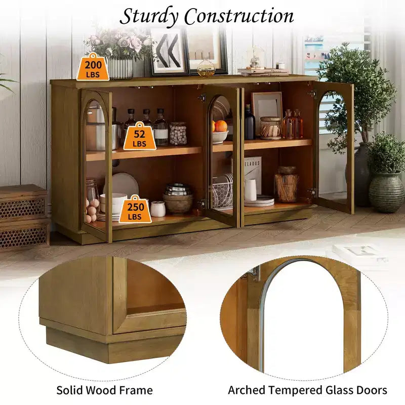 Grande buffet contenitore a 4 ante con ante in vetro, mobile ad arco con ripiani regolabili per la cucina