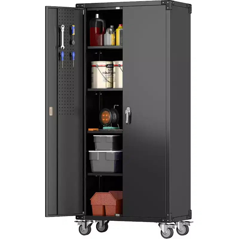 Garage Storage Cabinet with Wheels & Pegboard, 72 H Locking Metal Storage Cabinet with 2 Doors & 4 Adjustable Shelves for Garage Workshop