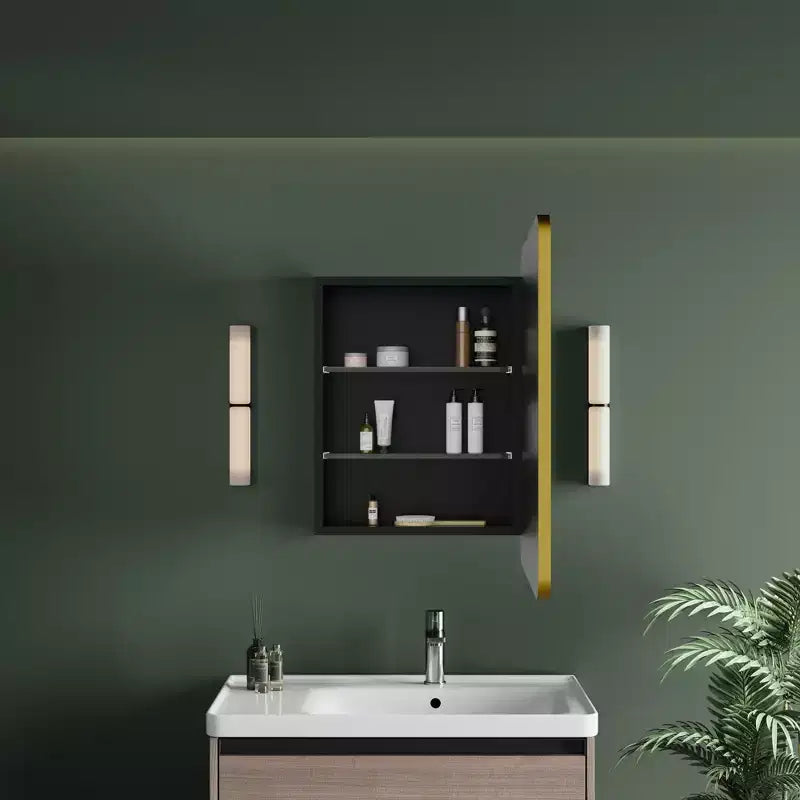Schwarz/Weiß/Gold LED-Medizinschrank, eine Tür, Anschlag links oder rechts, zum Einbau oder zur Wandmontage