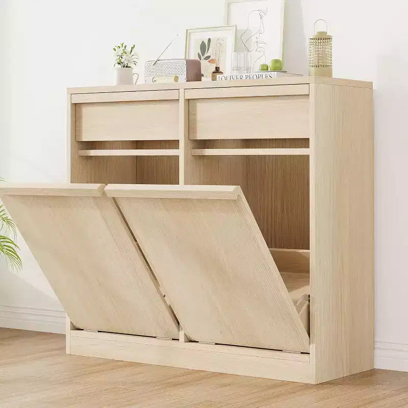 Tiltable Trash Can, Natural Oak, Trash Can with Storage and Drawer, Hidden Trash Cabinet, Laundry Basket for Kitchen, Dining Room, Living Room