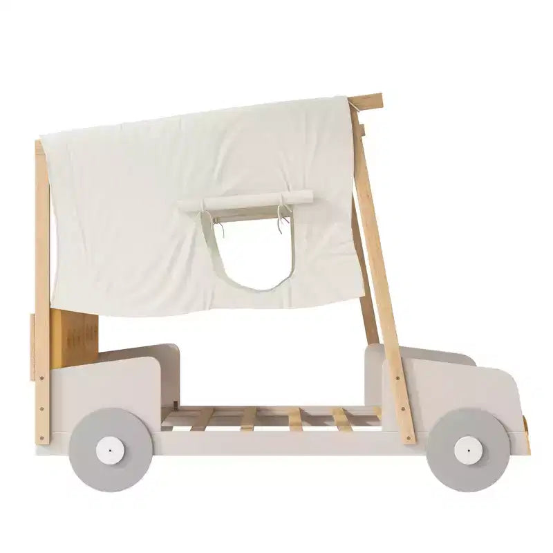 Letto per bambini a forma di auto in legno Whisen con cuscino, telo per il soffitto e LED - Naturale