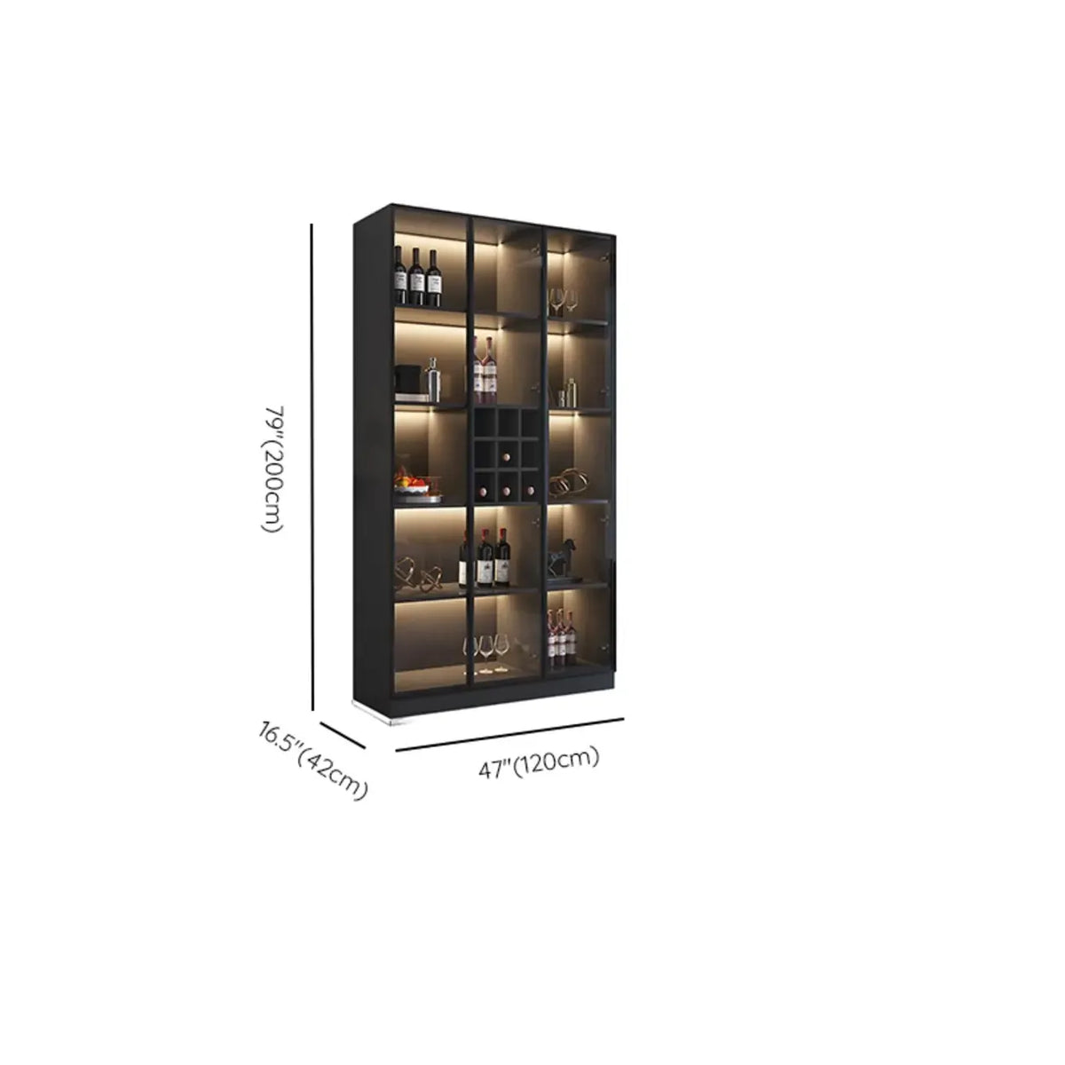 Minimalistischer schwarzer Weinschrank aus Holz mit Glastür