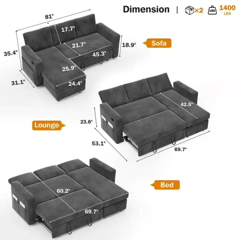 2-in-1-Ausziehsofa mit Stauraum und Ottomane, Chenille-Ecksofa mit USB-Anschlüssen für das Wohnzimmer