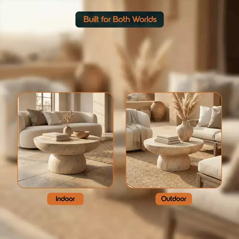 Round Fiberstone Pedestal Coffee Table, Indoor & Outdoor Sculpted Accent Table with Anti-Slip Foot Pads