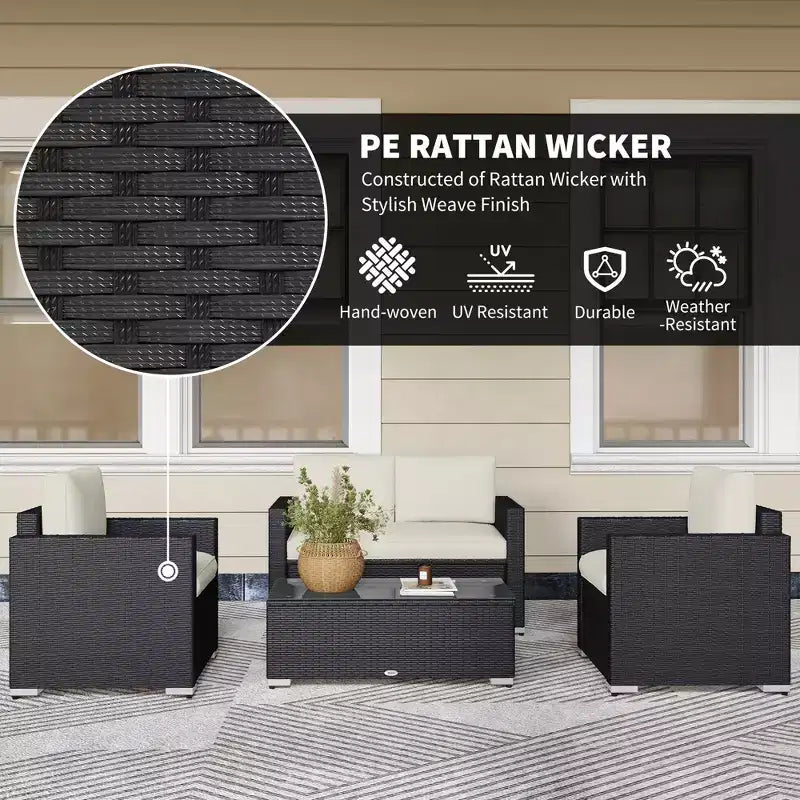4 Pieces Rattan Sofa Set Wicker Patio Sofa Set with Loveseat Chairs Glass Top Coffee Table for Garden Outdoor