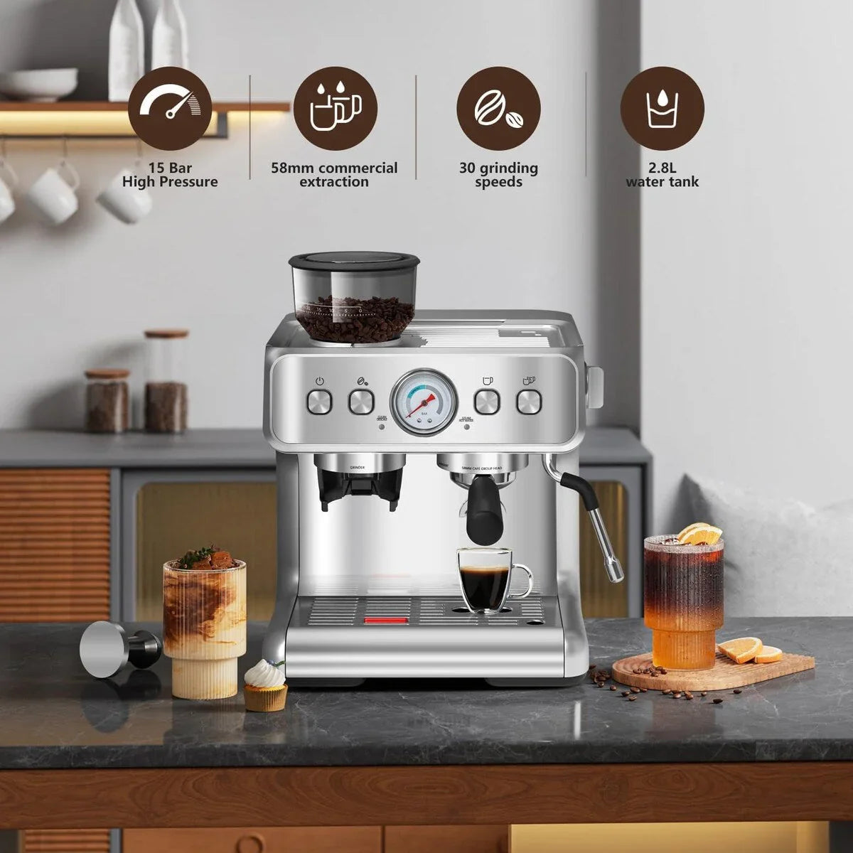 Halfautomatische koffiemachine met intelligente temperatuurregeling en heetwaterfunctie, 30 maalstanden