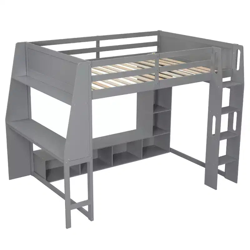 Whisen houten gaminghoogslaper voor eenpersoonsmatras met bureau, meerdere opbergplanken, ledverlichting en hangende kledingroede