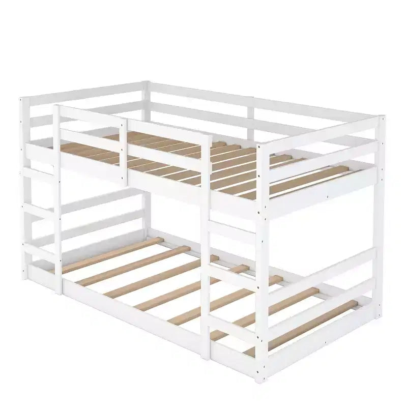 Low Bunk Bed , Wooden Floor Bunk Bed with Ladder, Bunk Bed with Full Guardrails
