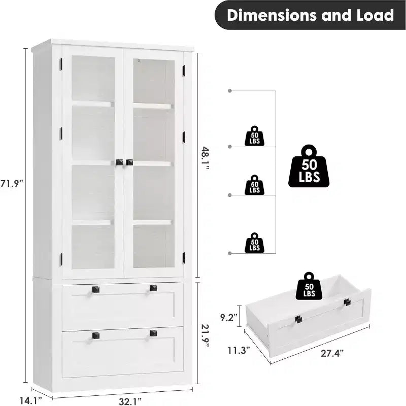 Farmhouse Kitchen Pantry Cabinet with Glass Doors, 72in Storage Cupboard with Drawers and Adjustable Shelves for Dining Room Bathroom Living Room