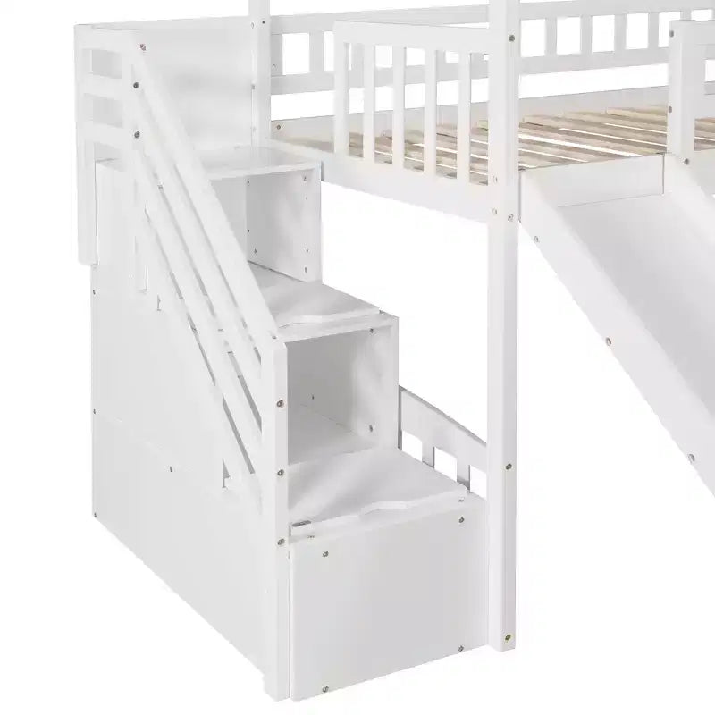 Twin House Loft Bed with Slide and Stairs, Loft Bed with Storage Drawers, Wood Cabin Loft Bed for Kids Toddlers