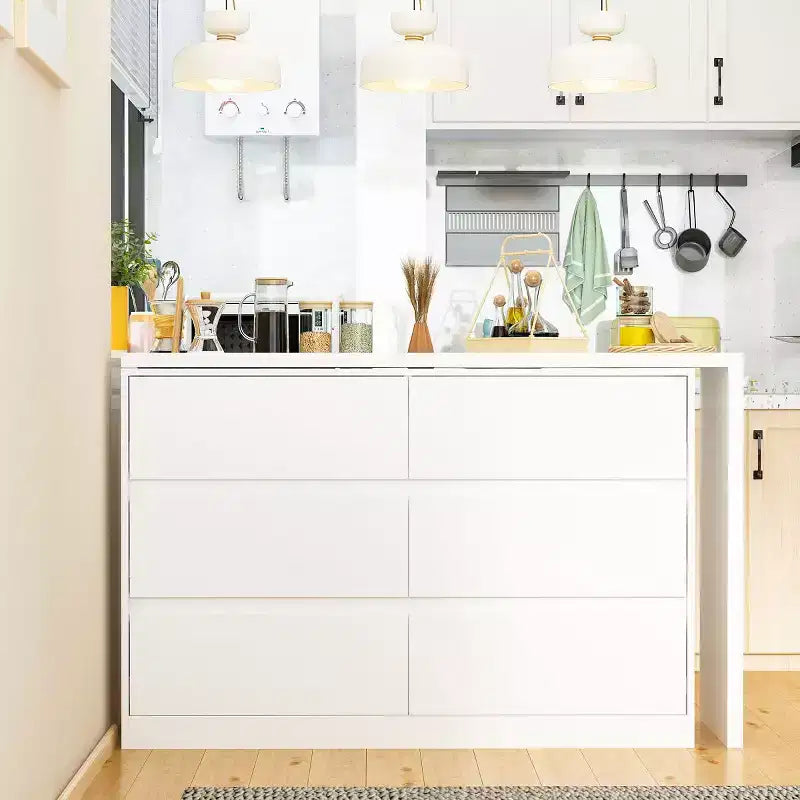 Smart Rotatable/Extendable Buffet Sideboard with 6 Drawers, Extended Countertop, Non-slip Mat, Rotating Dining Table, Kitchen Island Pantry