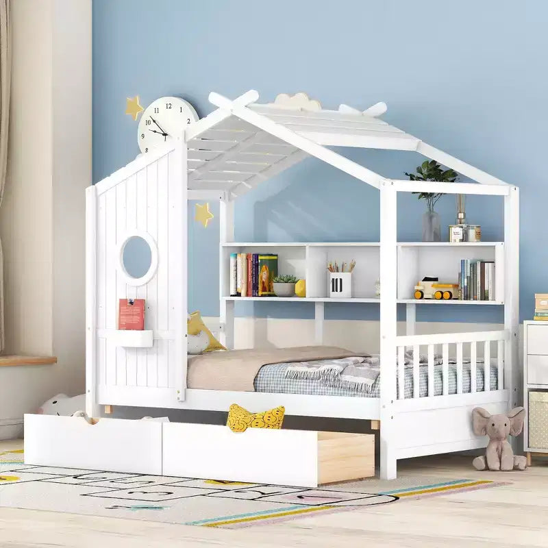 Holzhausbett in Twin-/Full-Größe mit 2 Schubladen, Kinderbett mit Ablagefach – ModernLuxe