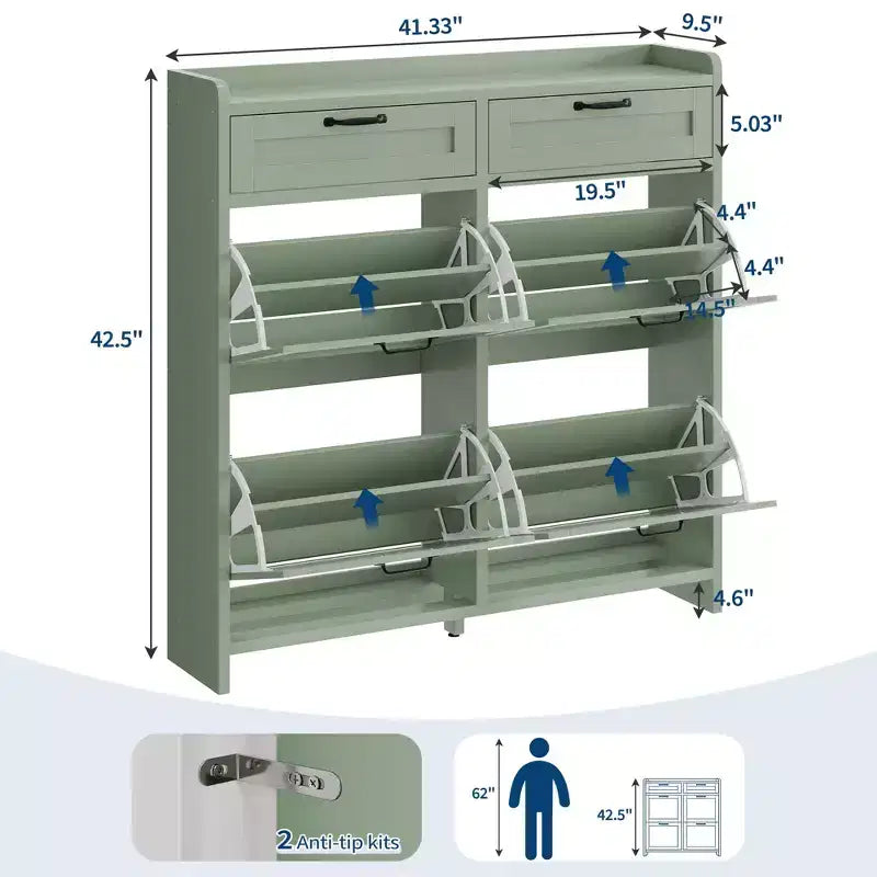 Shoe Cabinet with 4 Flip Drawers & 2 Top Drawers, Wooden Shoe Organizer Cabinet with Adjustable Shelf, Freestanding Shoe Storage Cabinets
