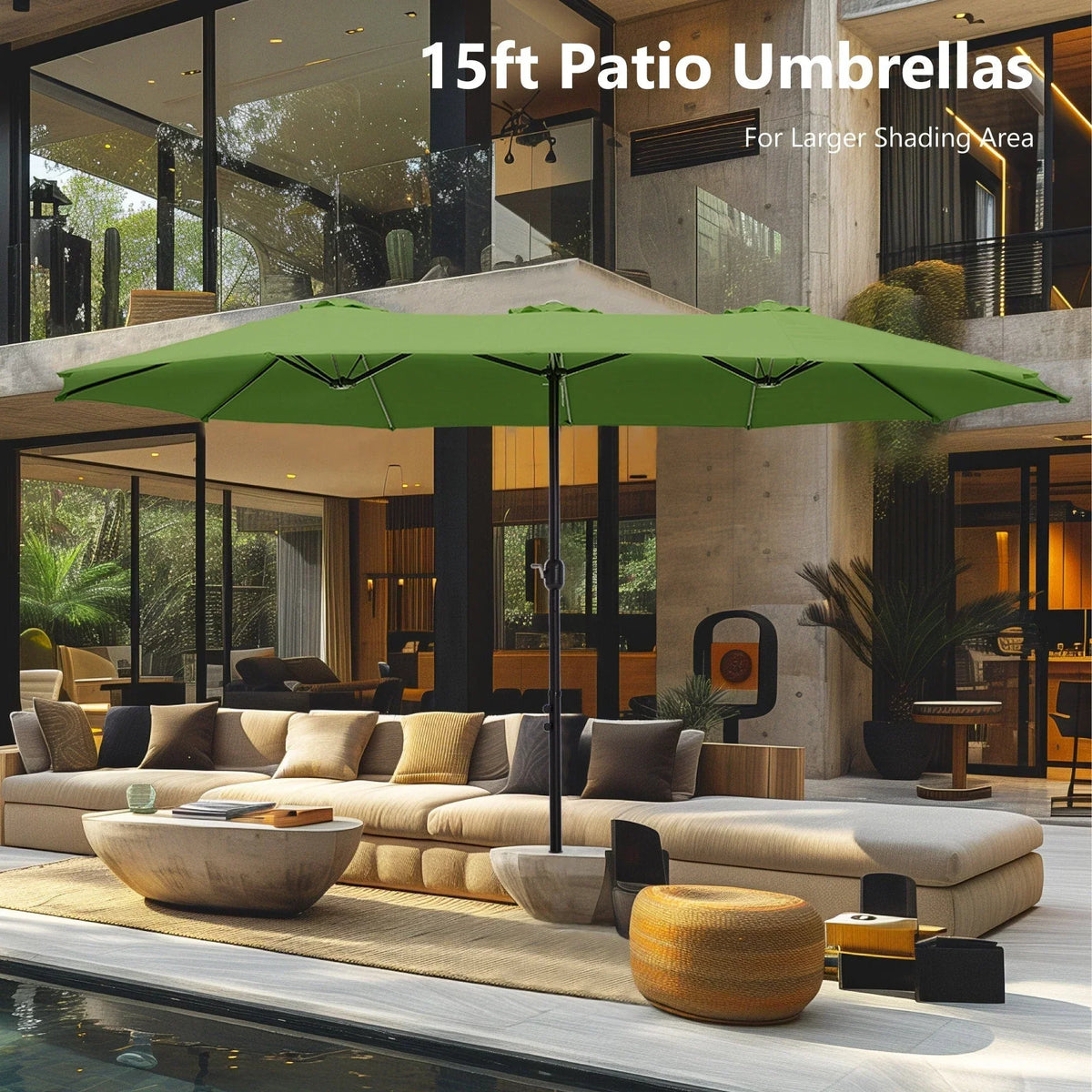 MAISON ARTS dubbele parasol voor terras, 15 ft, extra groot, tweepersoons, inclusief voet